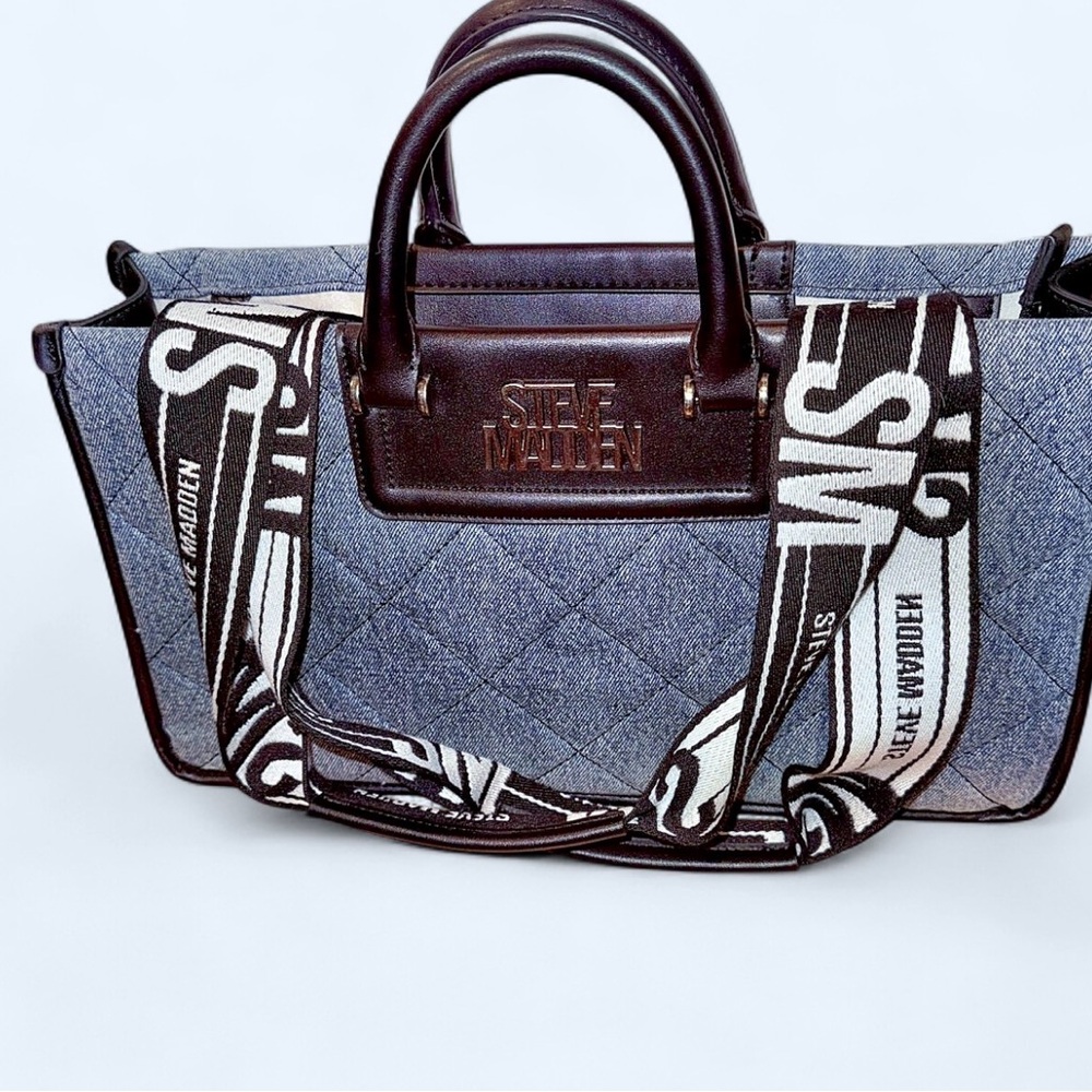 Steve Madden BCASIDY Satchel Tote-Washed Denim Blue | Quilted Denim + Logo Strap